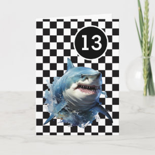 White Black Chequered Shark 13th Birthday Card