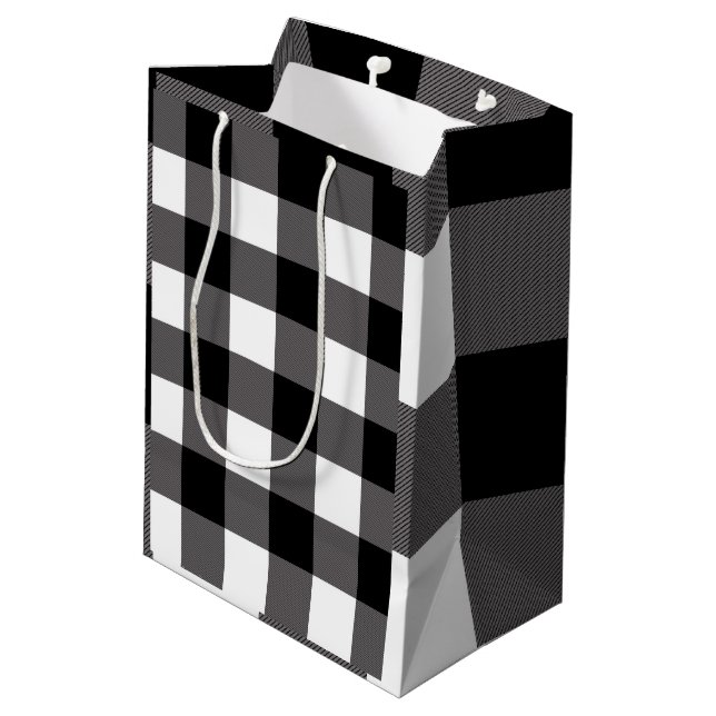 White & Black Chequered Squares Buffalo Plaid Medium Gift Bag (Back Angled)