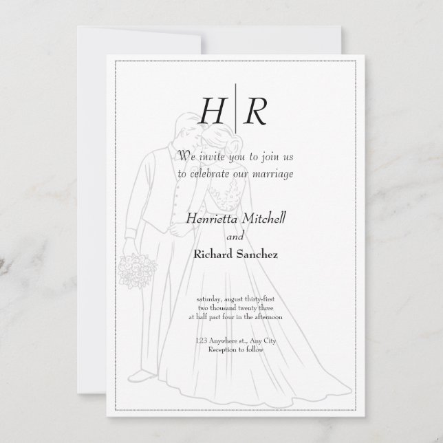 White Black Classic Monogram Elegant Clean Wedding Invitation (Front)