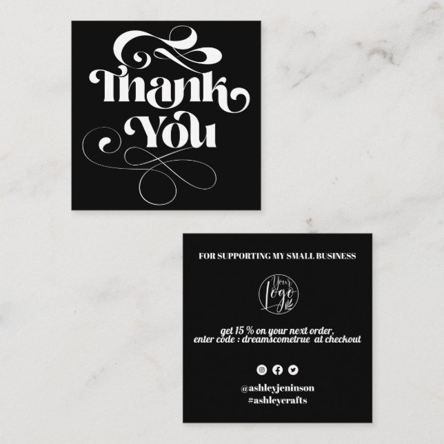 White black cool retro script order thank you square business card (Front/Back)