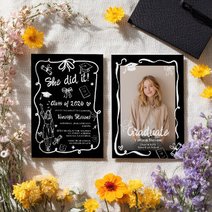 White Black Coquette Doodles photo graduation Invitation