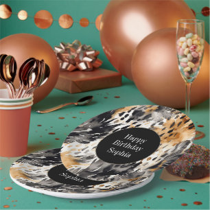 White Black Cream Leopard Animal Birthday Paper Plate