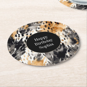 White Black Cream Leopard Animal Birthday Round Paper Coaster
