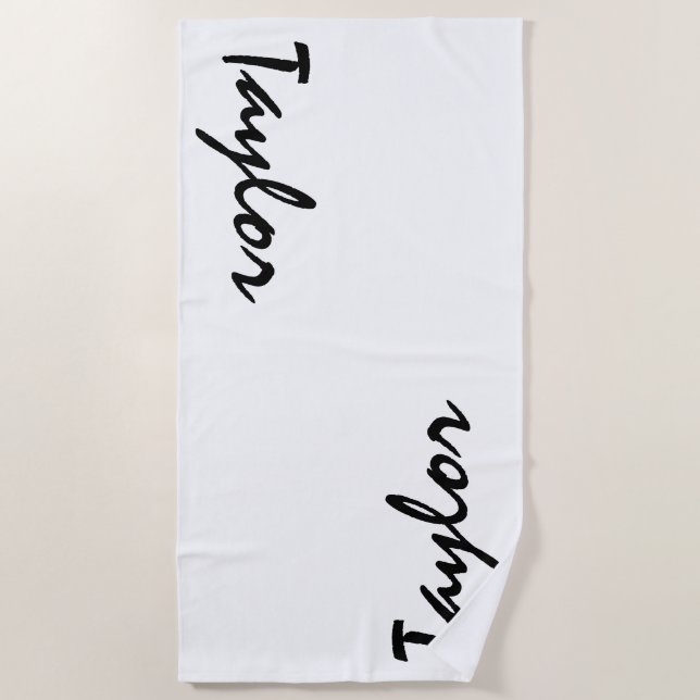 White Black Custom Name Personalised Beach Towel (Front)