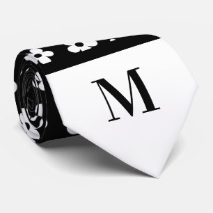 White & Black Daisies Monogramed Necktie