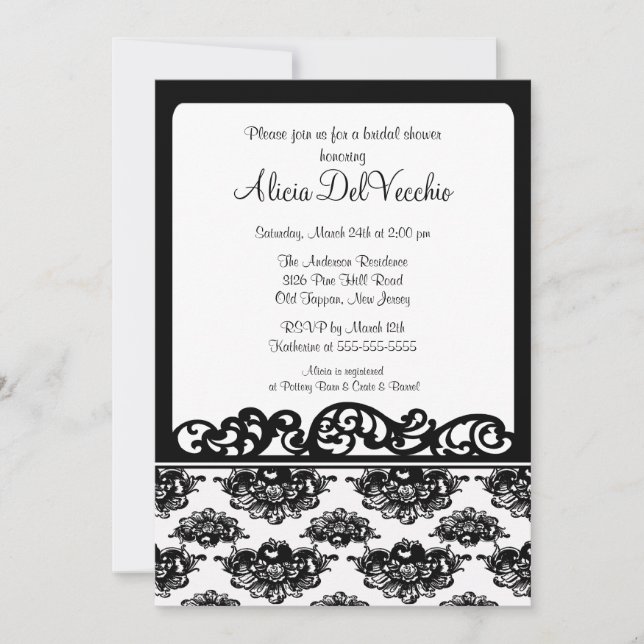 White & Black Damask Bridal Shower Invitation (Front)