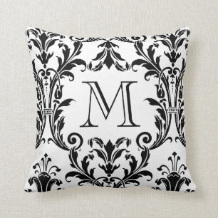 White & Black Damask Floral Swirls Monogram Cushion