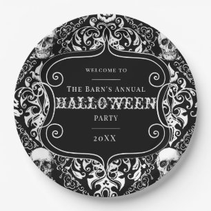 White Black Damask Skull Halloween Pattern Custom Paper Plate