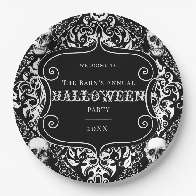 White Black Damask Skull Halloween Pattern Custom Paper Plate (Front)