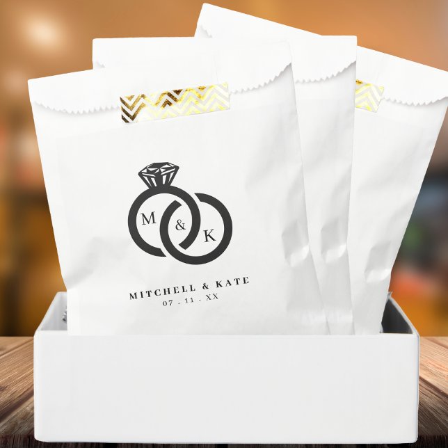 White & Black Diamond Ring Monogram Wedding Favour Bag (White & Black Diamond Ring Monogram Wedding Favor Bag)