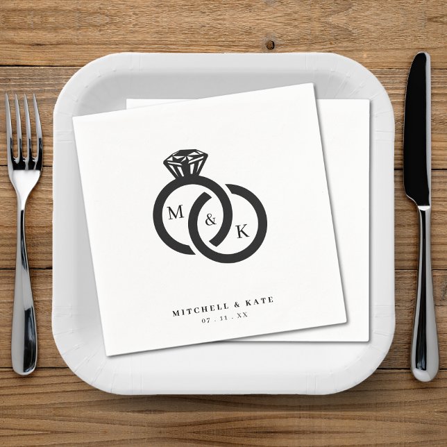 White & Black Diamond Ring Monogram Wedding Napkin (White & Black Diamond Ring Monogram Wedding Napkins)