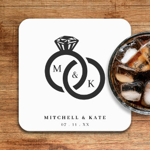 White & Black Diamond Ring Monogram Wedding Square Paper Coaster