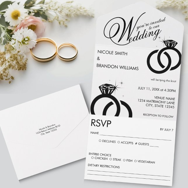 White & Black Diamond Ring Wedding All In One Invitation (White & Black Diamond Ring Wedding All In One Invitation)