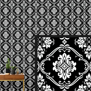 White &  Black Dramatic Gothic Damask  Wallpaper