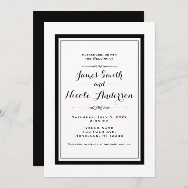 White & Black Elegant Chic Couture Wedding Invitation (Front/Back)