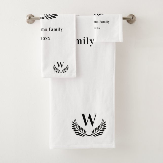 White black family monogram initial classic bath towel set (Insitu)