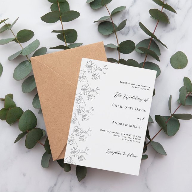 White black floral classic formal wedding invitation (Creator Uploaded)