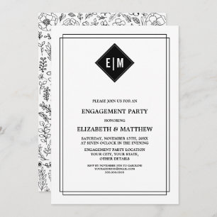 White Black Floral Engagement Party Invitation