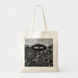 White & Black Floral Line Shading Pattern-Monogram Tote Bag