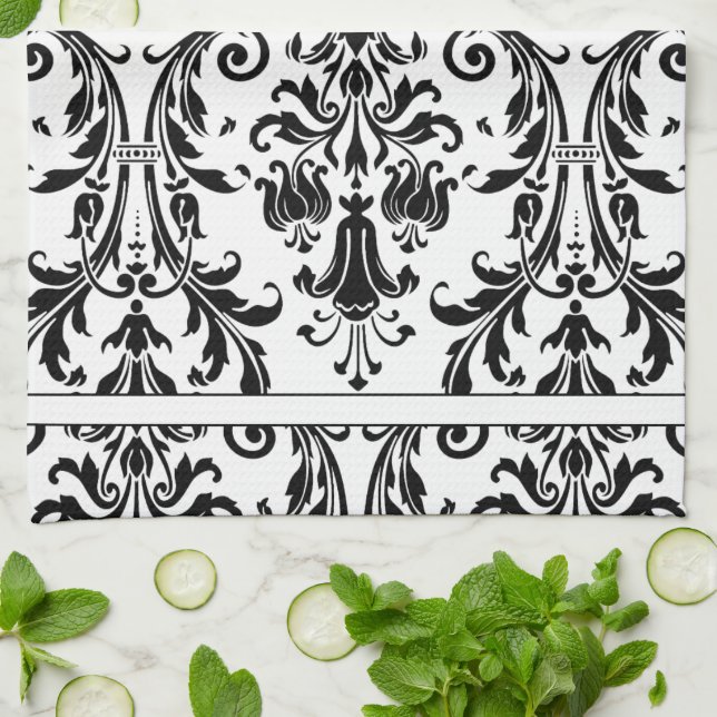 White Black Floral Swirl Damask Monogram Tea Towel (Folded)