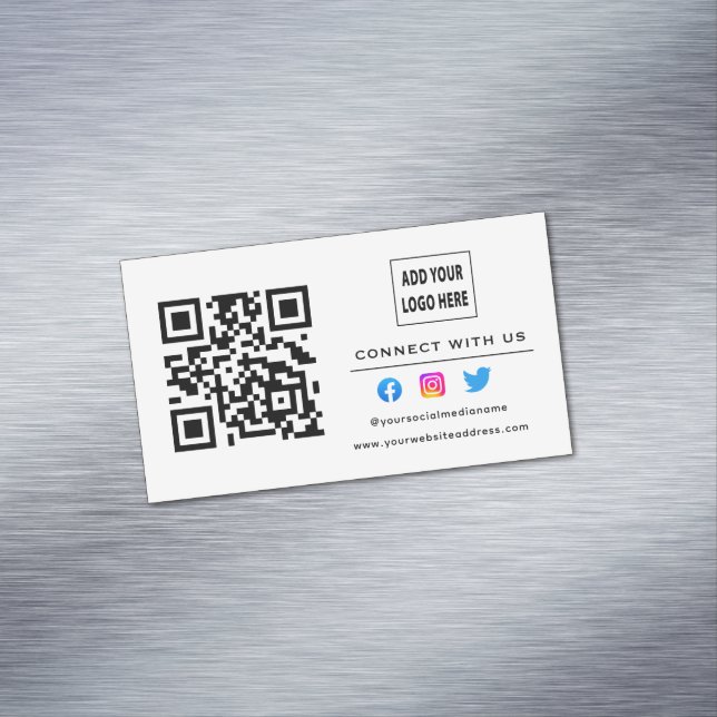 White Black Follow Scan To Connect With Us QR Code Magnetic Business Card (In Situ)
