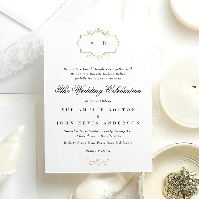 white black formal gold crest monogram wedding invitation (Creator Uploaded)