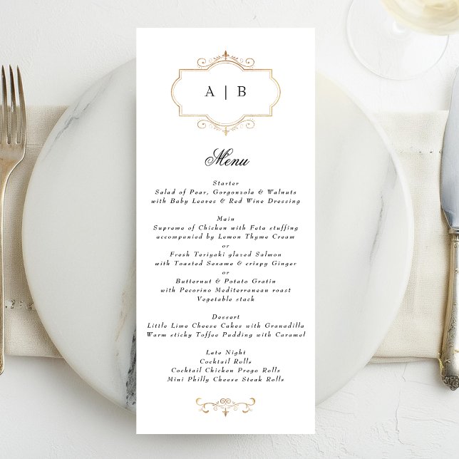 white black formal gold crest monogram wedding menu (Creator Uploaded)