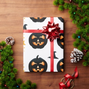 White & Black Fun Halloween Pumpkin&hats Pattern  Wrapping Paper
