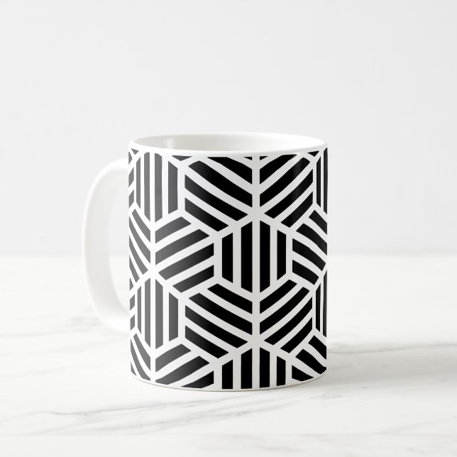 White Black Geometric Hexagon Honeycomb Pattern Coffee Mug (Front Left)