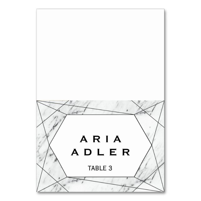 White & Black Geometric Marble Escort Place Cards (Front)