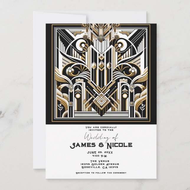 White Black Gold Art Deco Roaring 20's Wedding Invitation (Front)