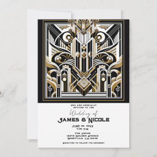 White Black Gold Art Deco Roaring 20's Wedding Invitation
