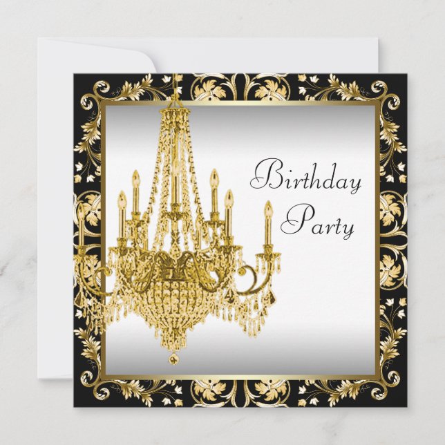 White Black Gold Chandelier Birthday Party Invitation (Front)