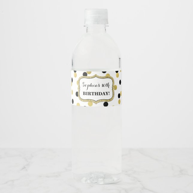 White Black Gold Confetti Custom Birthday Party Water Bottle Label (Front)