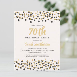 White Black Gold Confetti Glitter 70th Birthday Invitation