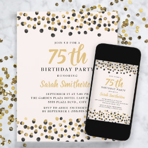 White Black Gold Confetti Glitter 75th Birthday Invitation