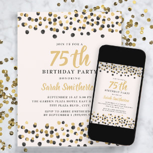 White Black Gold Confetti Glitter 75th Birthday Invitation