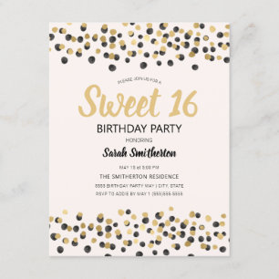 White Black Gold Confetti Glitter Sweet 16 Invitation
