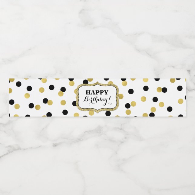 White Black Gold Confetti Happy Birthday! Water Bottle Label (Single Label)
