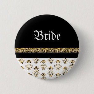 White black gold damask wedding 6 cm round badge