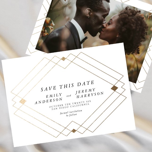 White & Black | Gold Deco Lines Save The Date Announcement (Creator Uploaded)