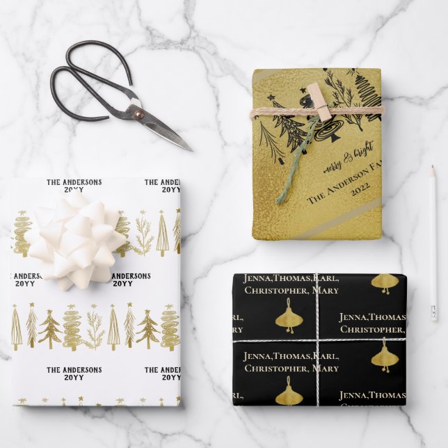 White Black Gold Family Christmas Tree Stripe Bell Wrapping Paper Sheet (Front)