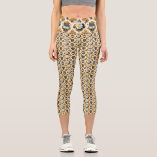 White, Black, Gold Floral High Waisted Yoga Capris
