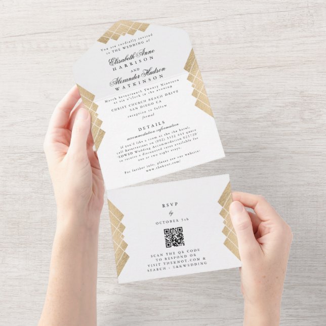 White Black Gold Gatsby QR CODE RSVP Wedding All In One Invitation (Tearaway)