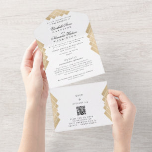 White Black Gold Gatsby QR CODE RSVP Wedding All In One Invitation