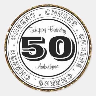 White Black Gold Glitter 50th Birthday Classic Round Sticker