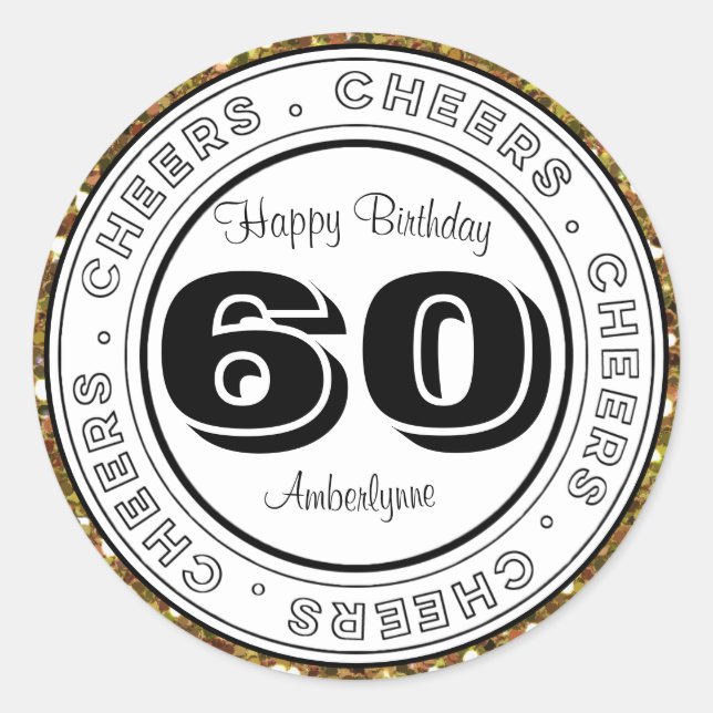 White Black Gold Glitter 60th Birthday Classic Round Sticker (Front)