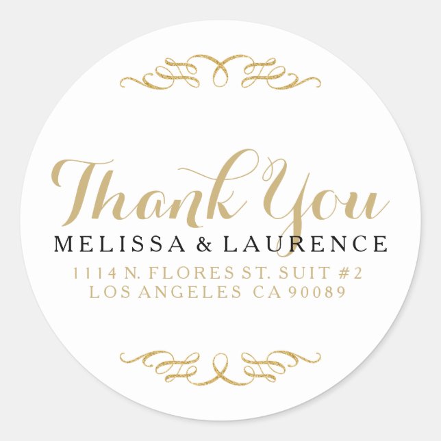 White Black & Gold Glitter Frame Thank Design Classic Round Sticker (Front)