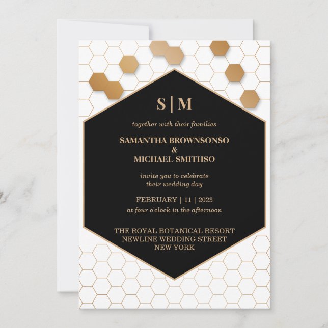 White Black Gold Honeycomb Wedding Invitation (Front)