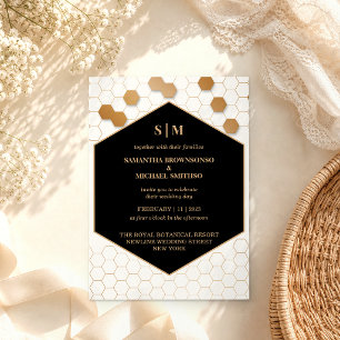 White Black Gold Honeycomb Wedding Invitation